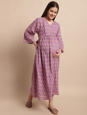 Purple Floral Printed Maternity Dress
