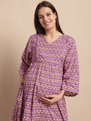 Purple Floral Printed Maternity Dress