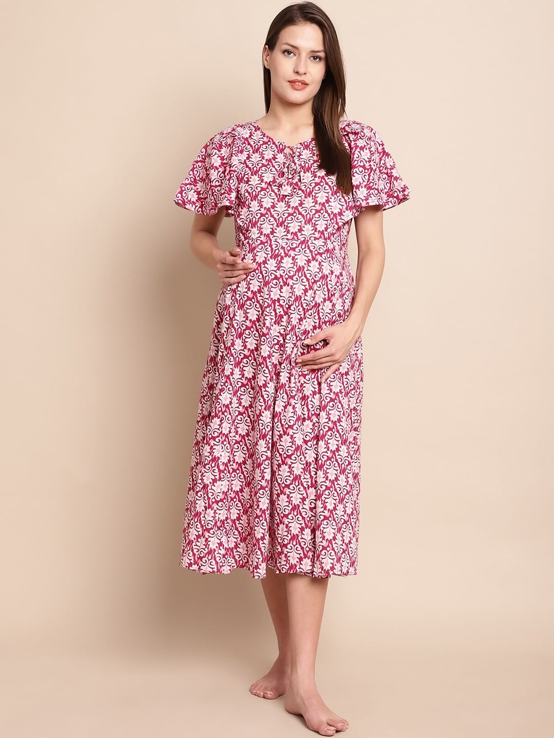 Pink & White Printed Maternity Dress