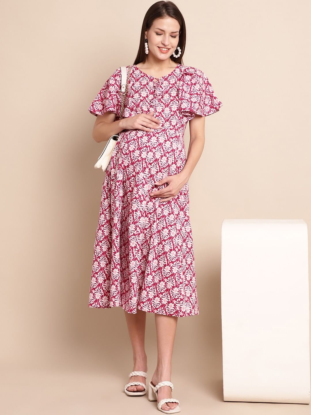 Pink & White Printed Maternity Dress