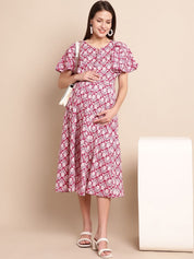Pink & White Printed Maternity Dress