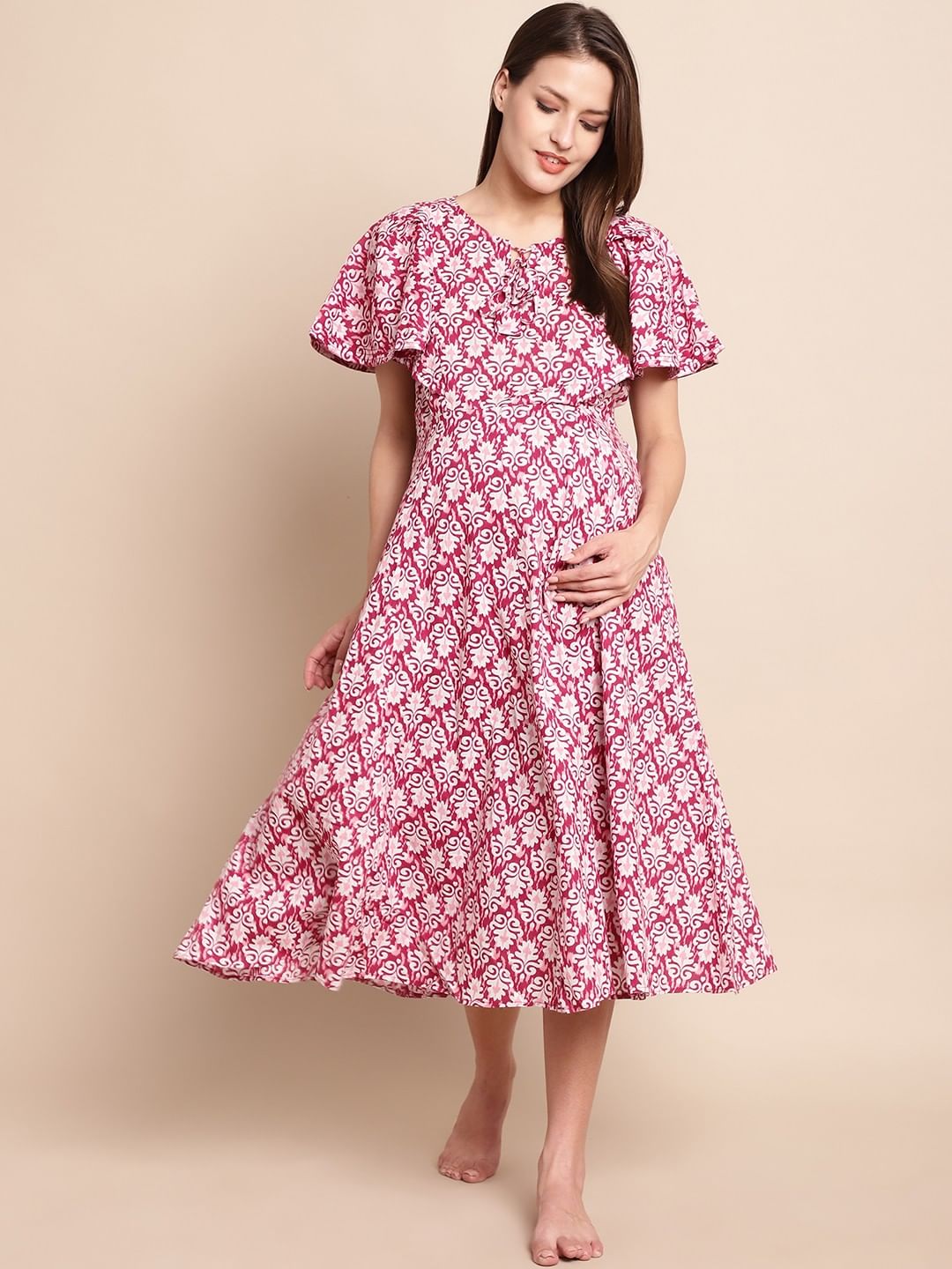 Pink & White Printed Maternity Dress