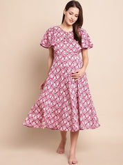 Pink & White Printed Maternity Dress