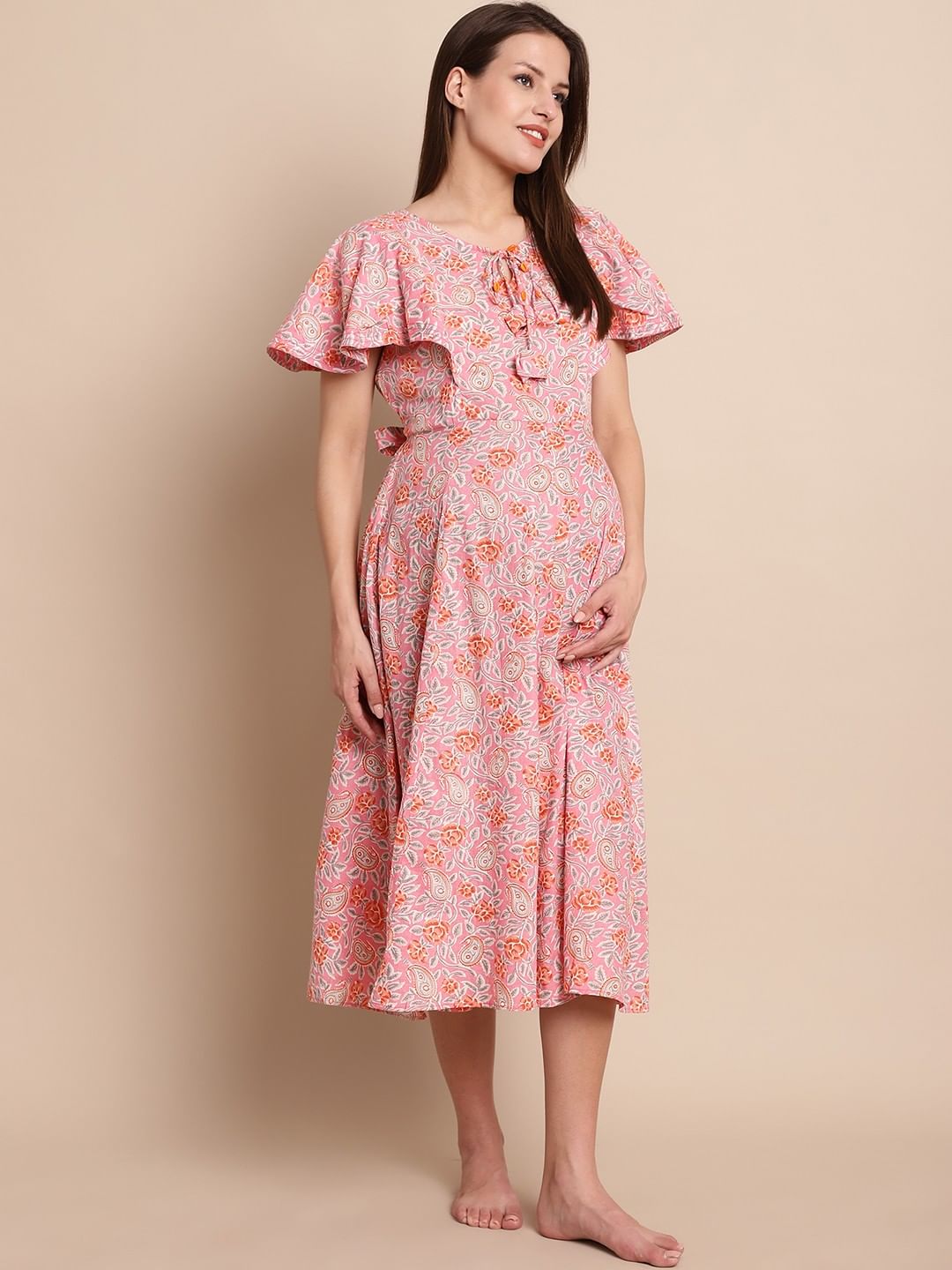 Peach & Grey Floral Maternity Dress