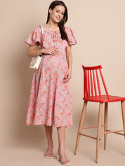 Peach & Grey Floral Maternity Dress