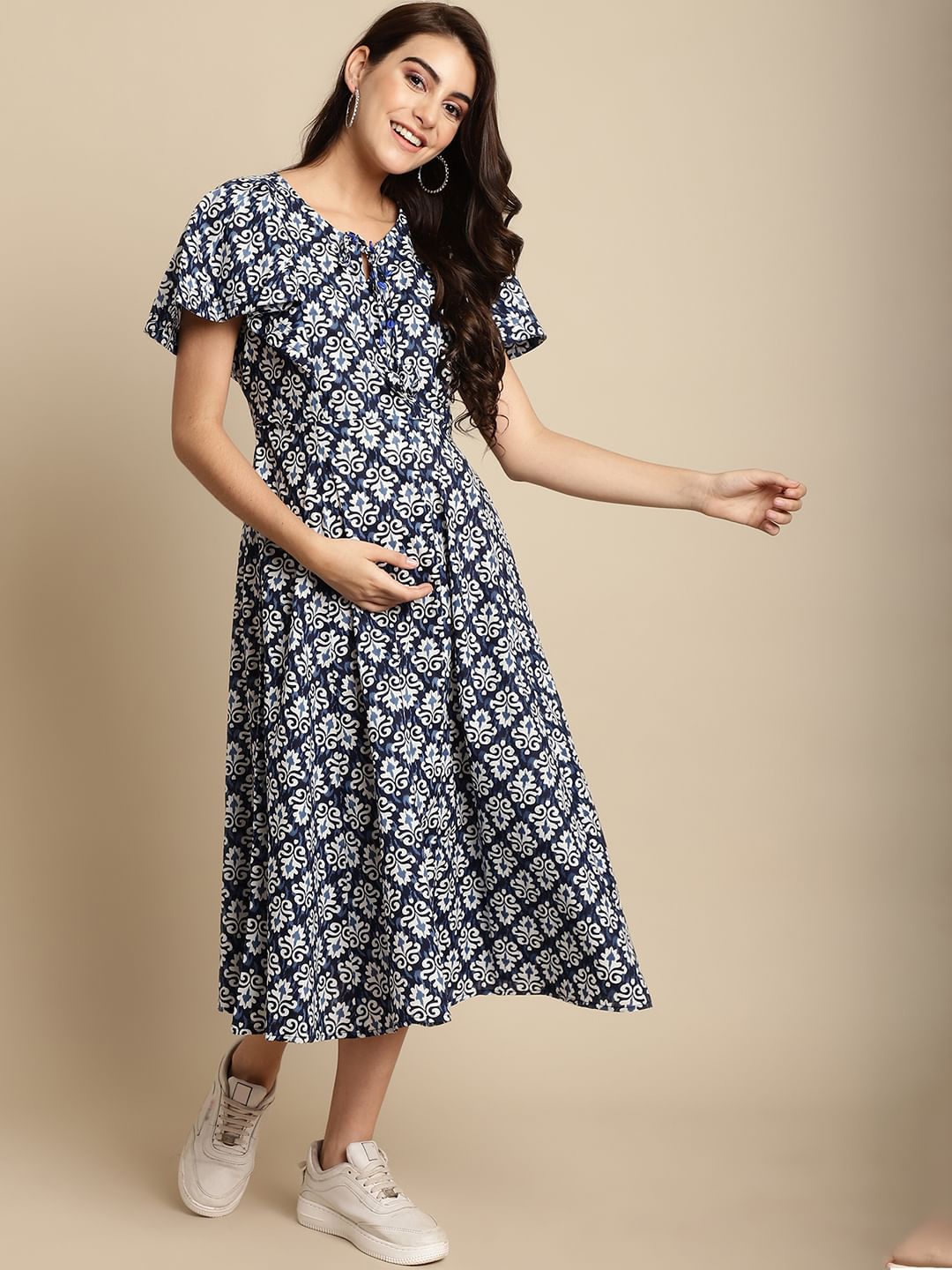Navy Blue Cotton Printed Maternity Dress