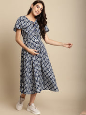Navy Blue Cotton Printed Maternity Dress