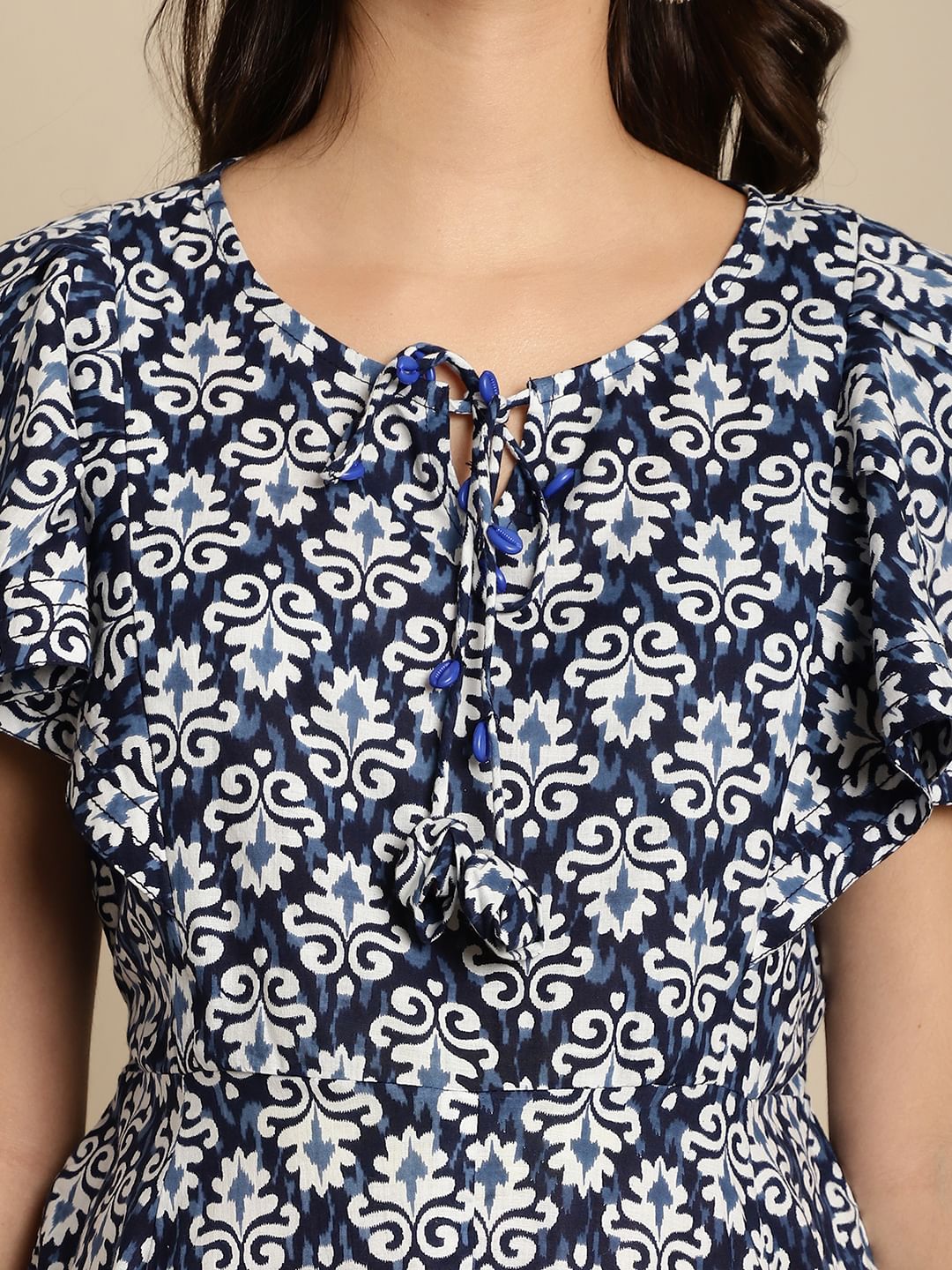 Navy Blue Cotton Printed Maternity Dress