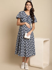 Navy Blue Cotton Printed Maternity Dress