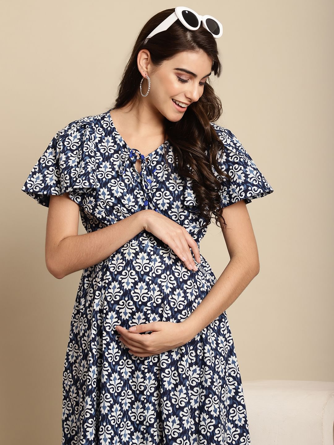 Navy Blue Cotton Printed Maternity Dress