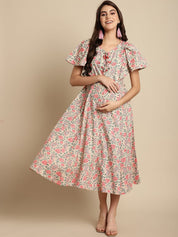 Beige & Peach Cotton Floral Maternity Dress