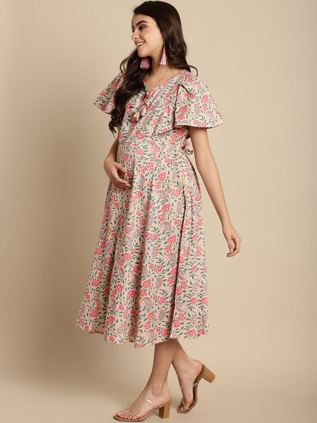 Beige & Peach Cotton Floral Maternity Dress