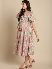 Beige & Peach Cotton Floral Maternity Dress