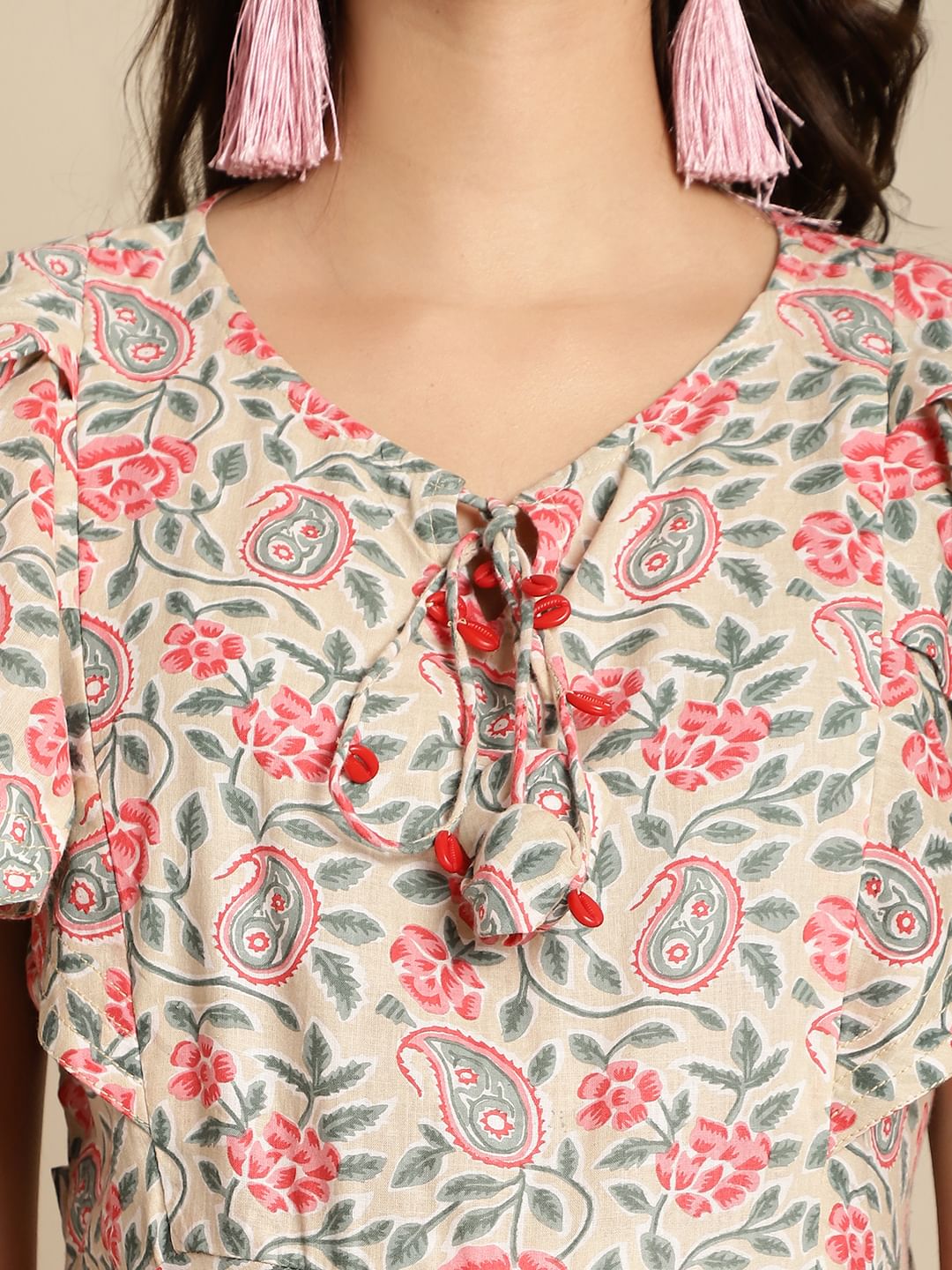 Beige & Peach Cotton Floral Maternity Dress