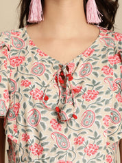 Beige & Peach Cotton Floral Maternity Dress