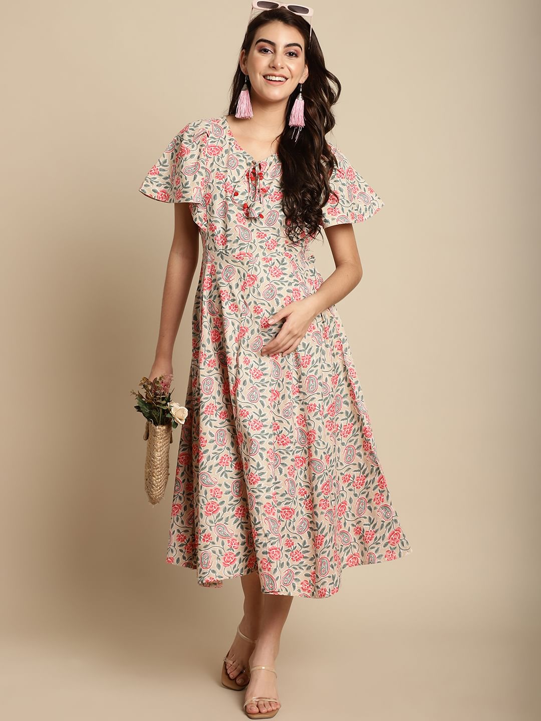 Beige & Peach Cotton Floral Maternity Dress