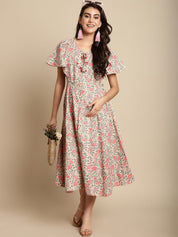 Beige & Peach Cotton Floral Maternity Dress