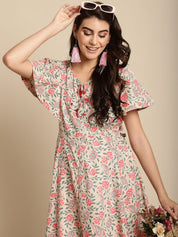 Beige & Peach Cotton Floral Maternity Dress