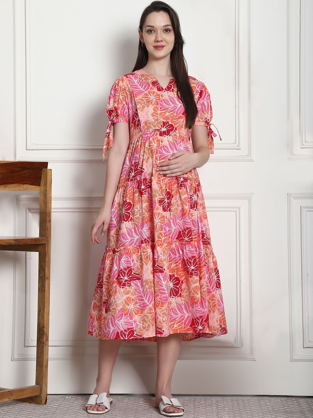 Floral Print Peach Cotton Fit Flare Maternity Dress