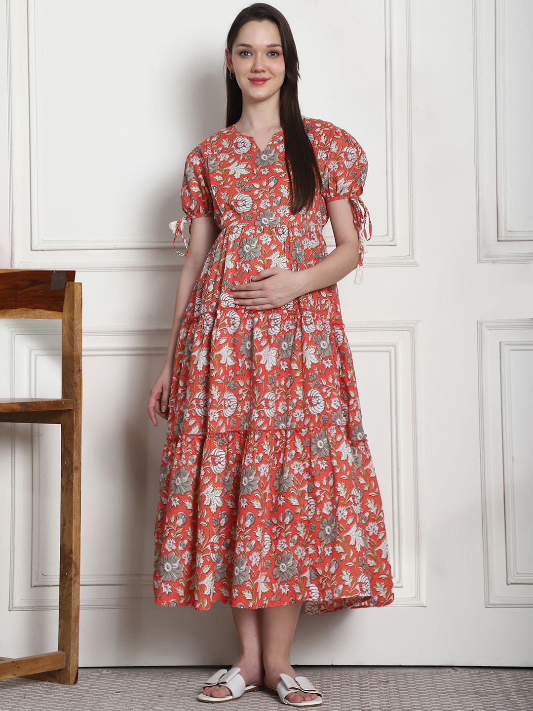 Floral Print Orange Cotton Fit & Flare Maternity Dress