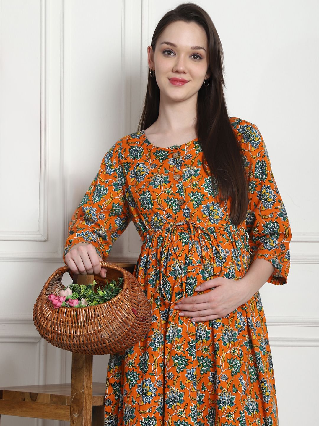Floral Print Orange Cotton Maternity Nightdress