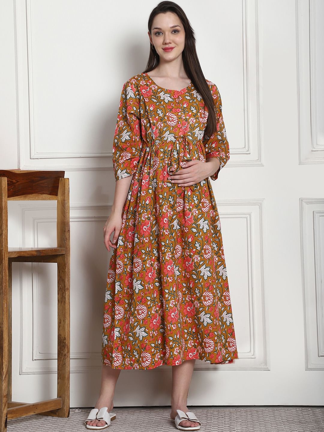 Floral Print Mustard Cotton Maternity Nightdress
