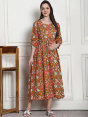 Floral Print Mustard Cotton Maternity Nightdress