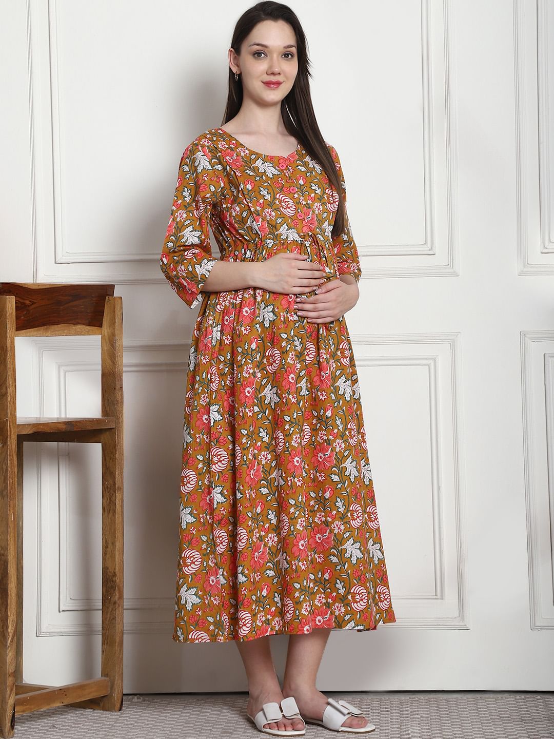 Floral Print Mustard Cotton Maternity Nightdress