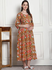 Floral Print Mustard Cotton Maternity Nightdress