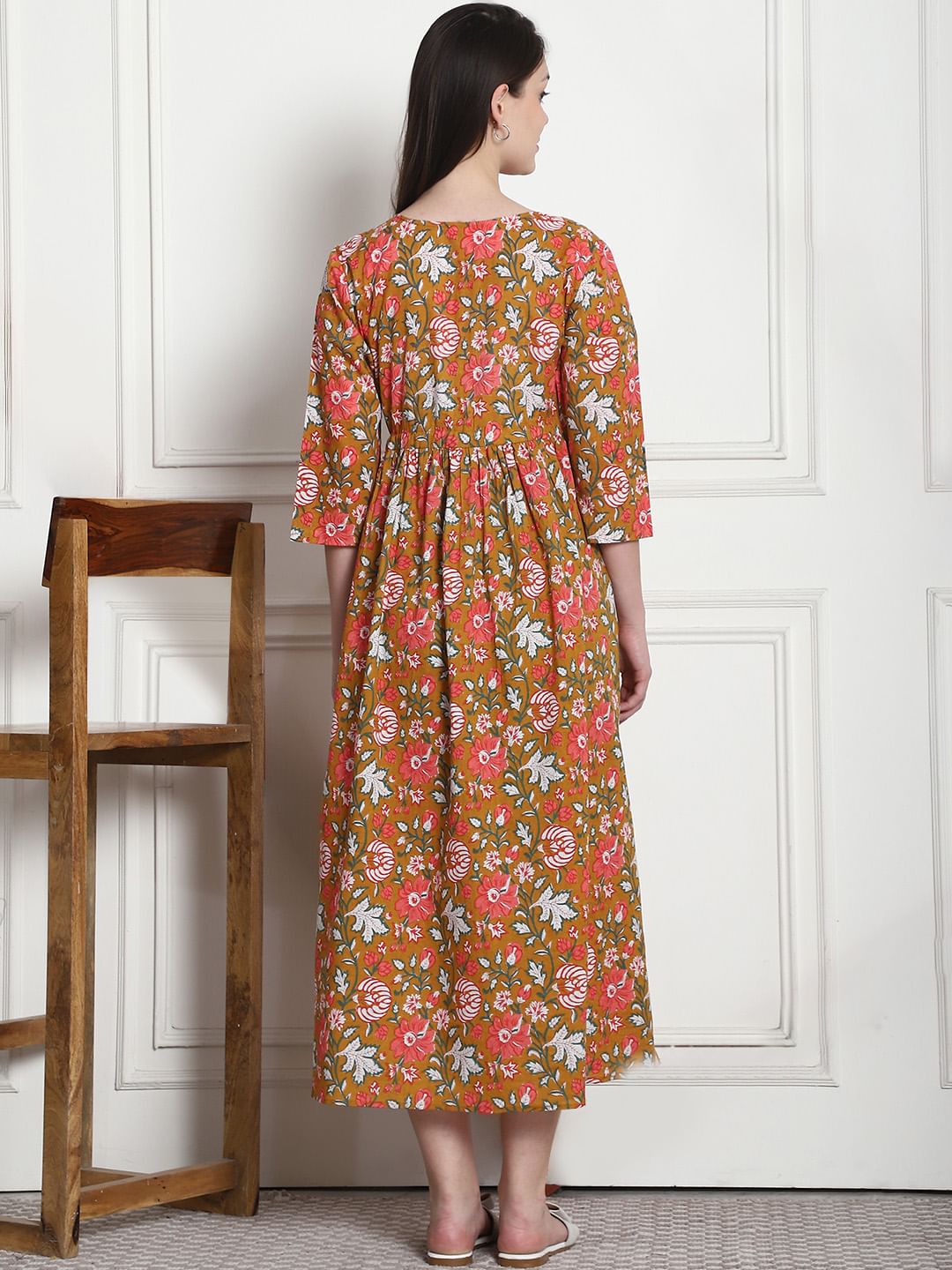 Floral Print Mustard Cotton Maternity Nightdress
