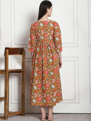 Floral Print Mustard Cotton Maternity Nightdress