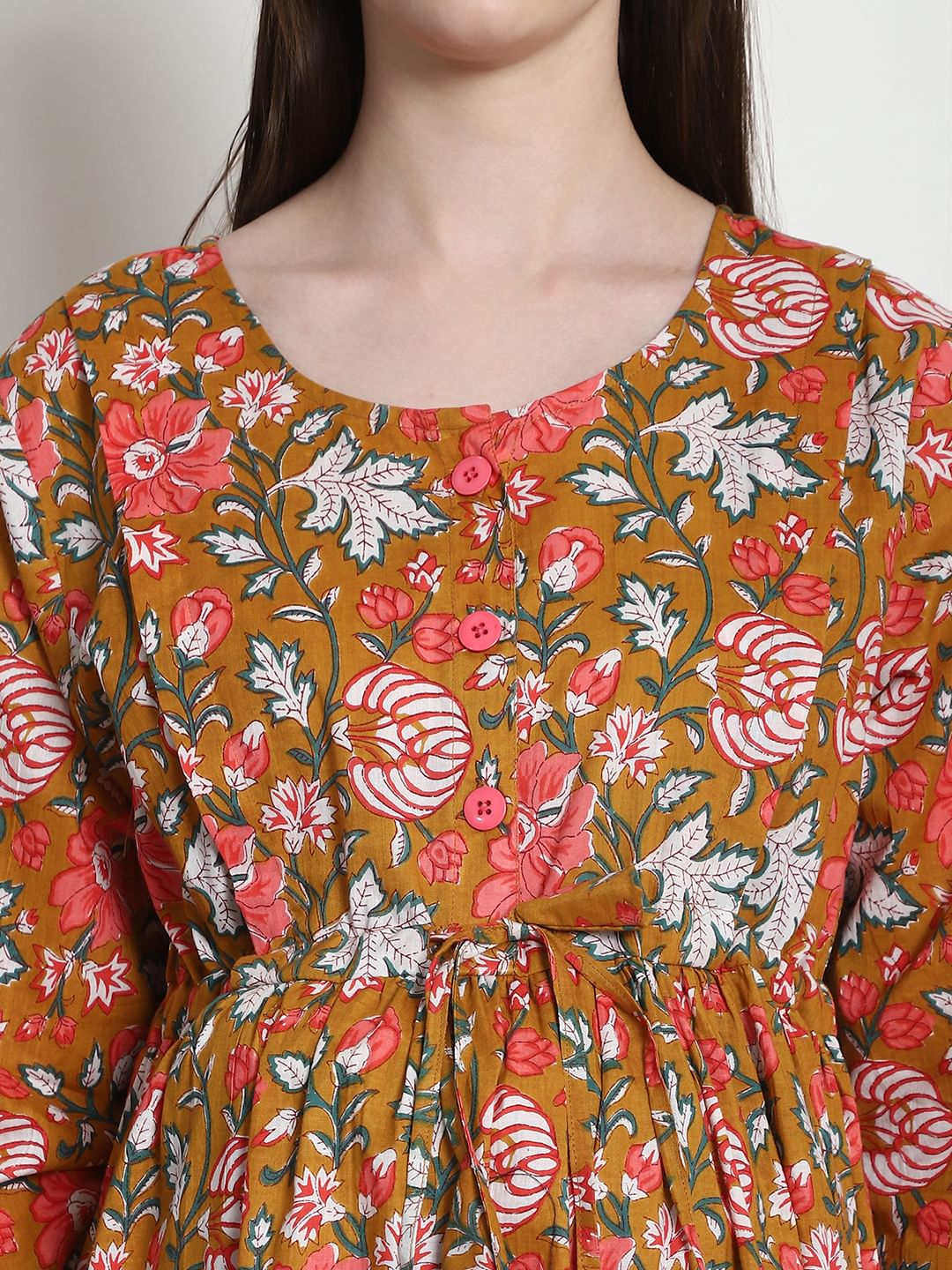 Floral Print Mustard Cotton Maternity Nightdress