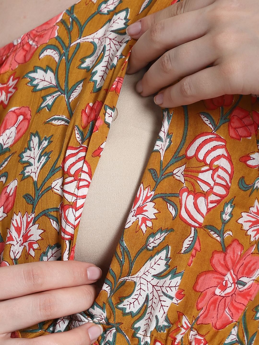 Floral Print Mustard Cotton Maternity Nightdress