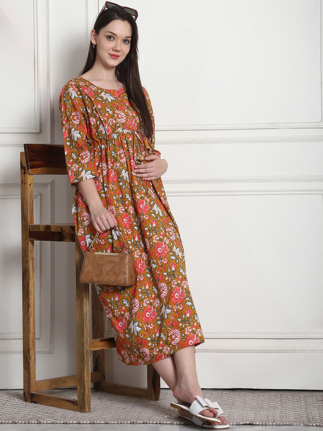 Floral Print Mustard Cotton Maternity Nightdress