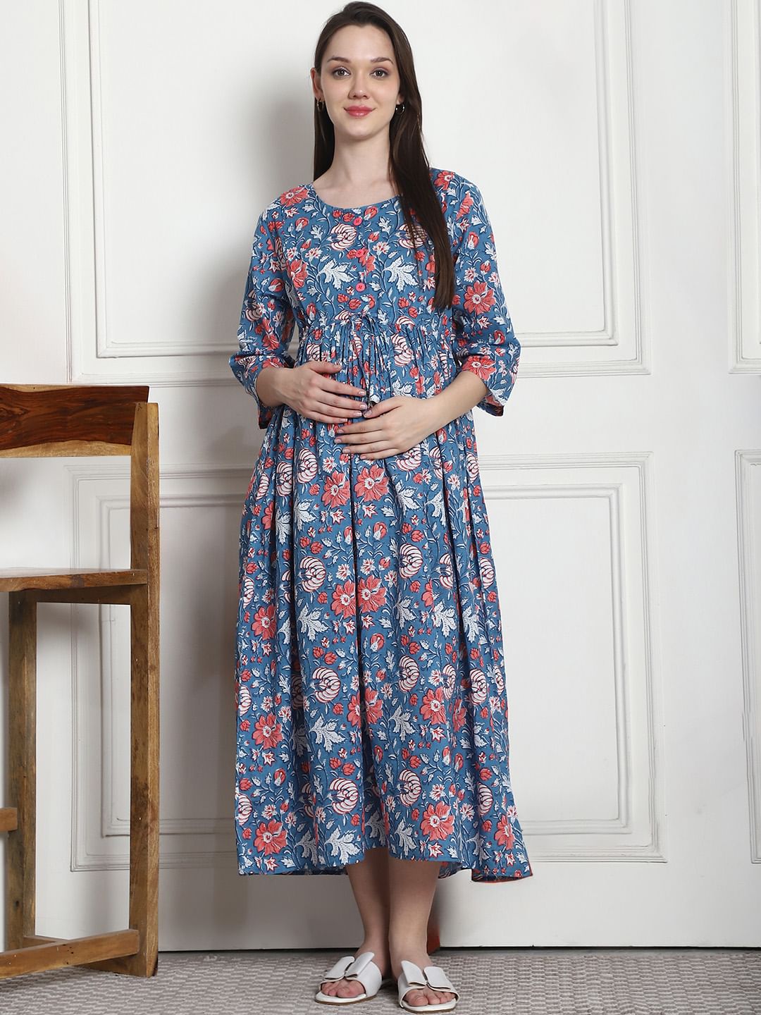 Floral Print Blue Cotton Maternity Nightdress