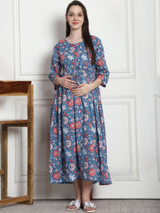 Floral Print Blue Cotton Maternity Nightdress