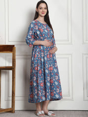 Floral Print Blue Cotton Maternity Nightdress