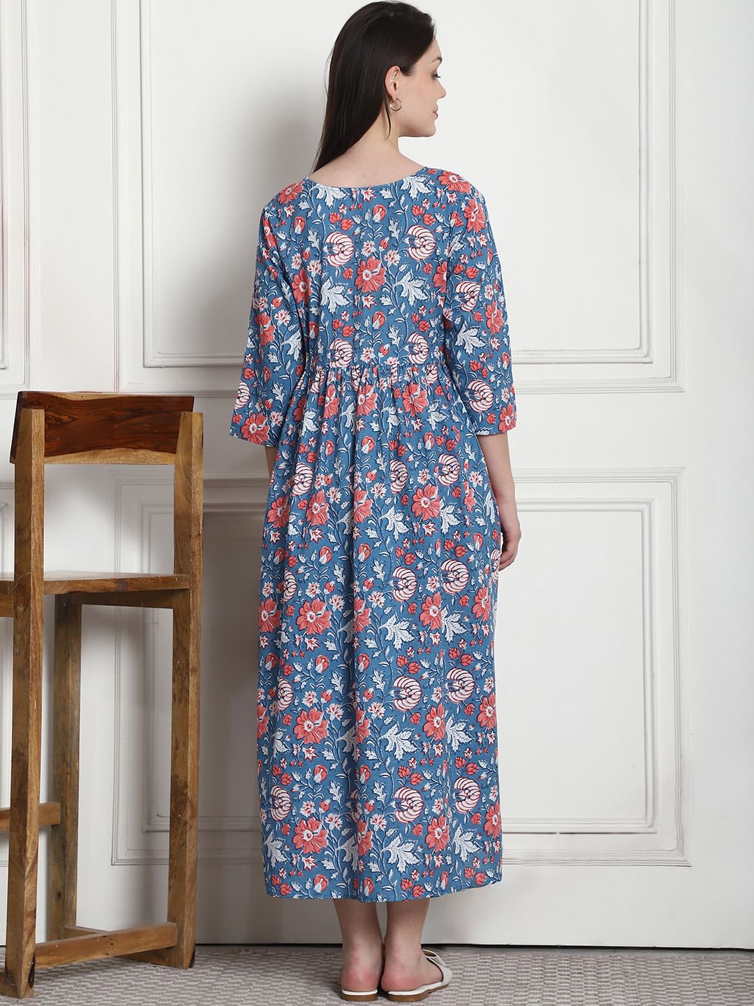 Floral Print Blue Cotton Maternity Nightdress