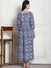 Floral Print Blue Cotton Maternity Nightdress
