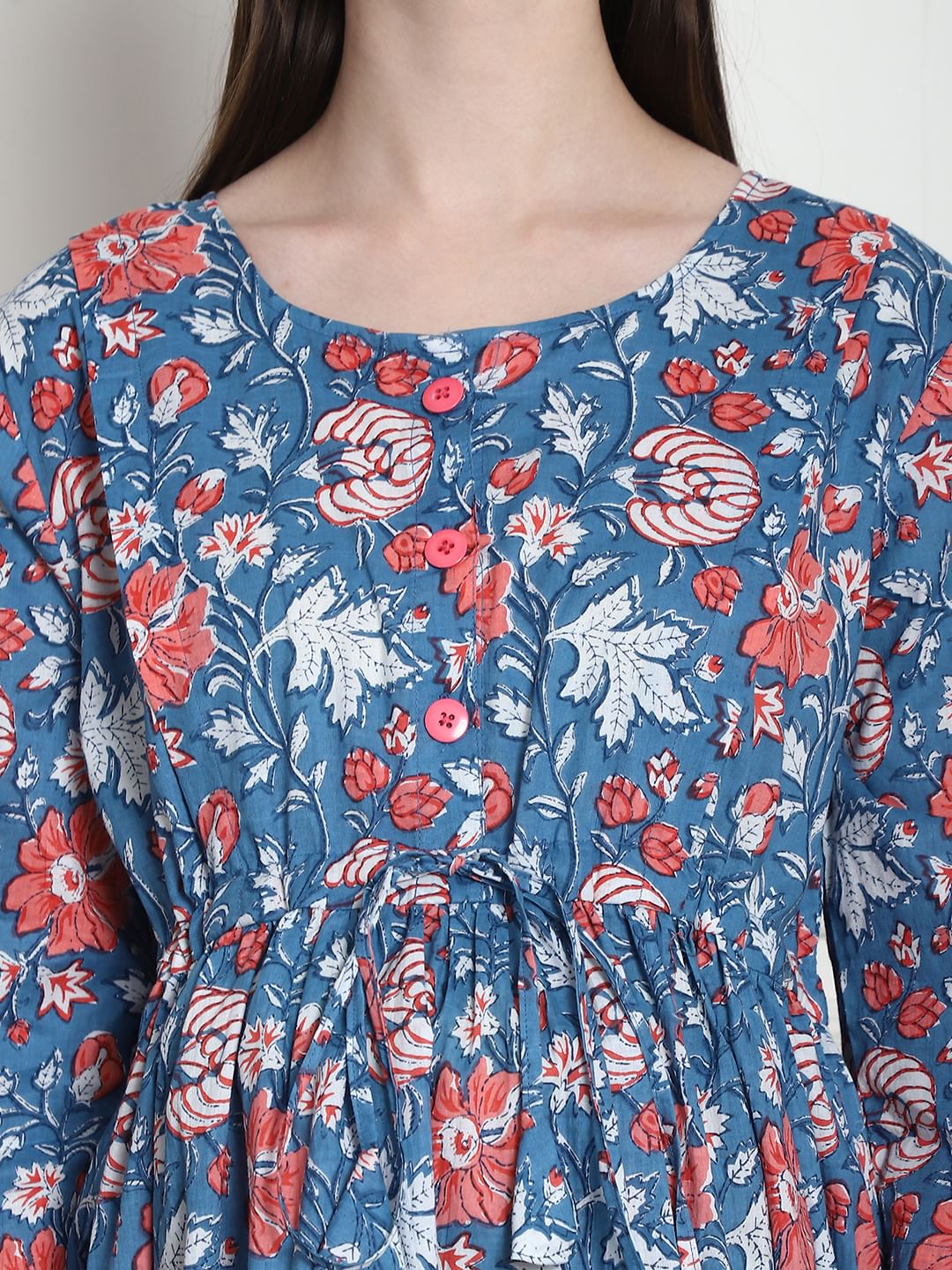 Floral Print Blue Cotton Maternity Nightdress