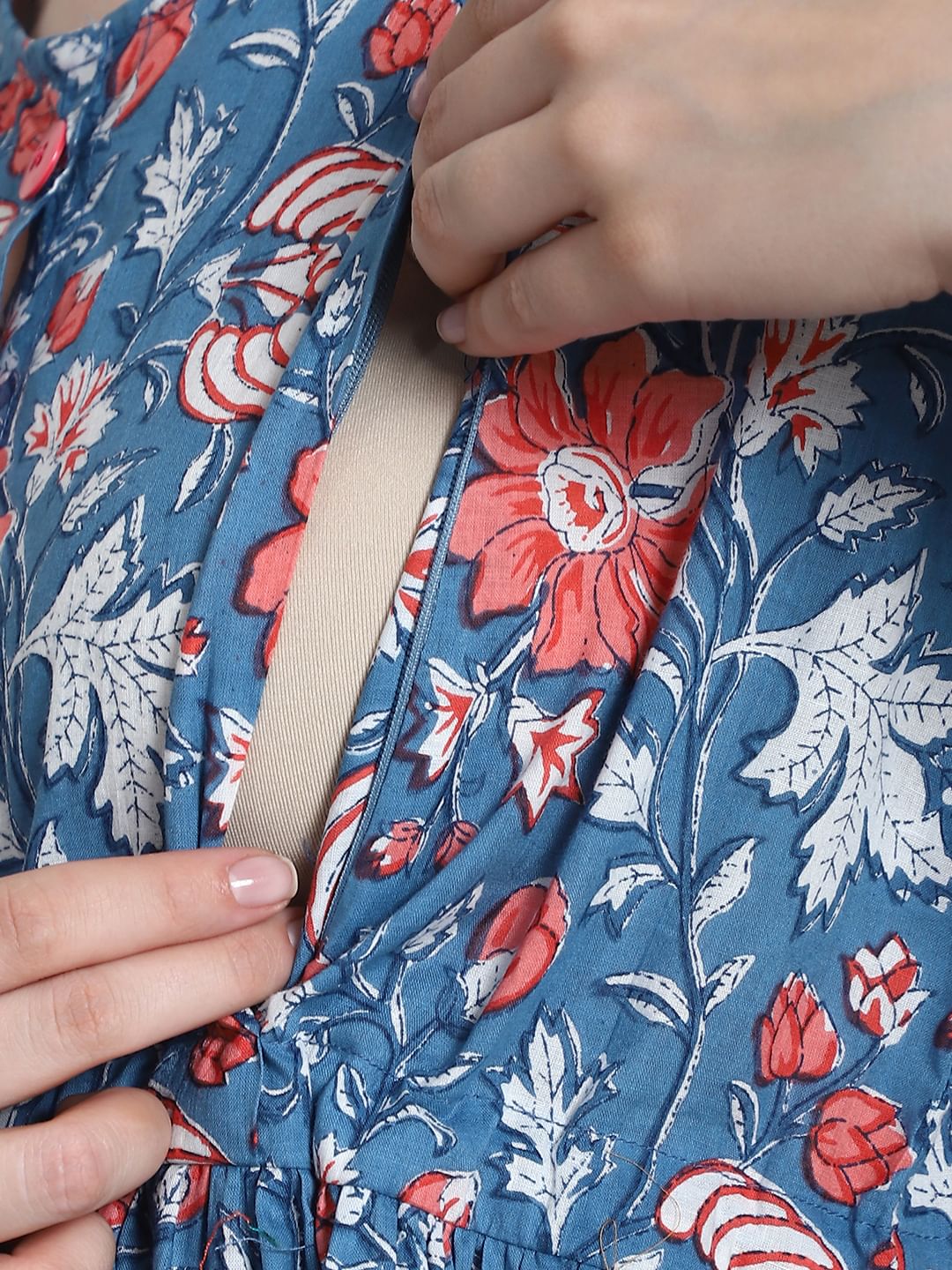 Floral Print Blue Cotton Maternity Nightdress