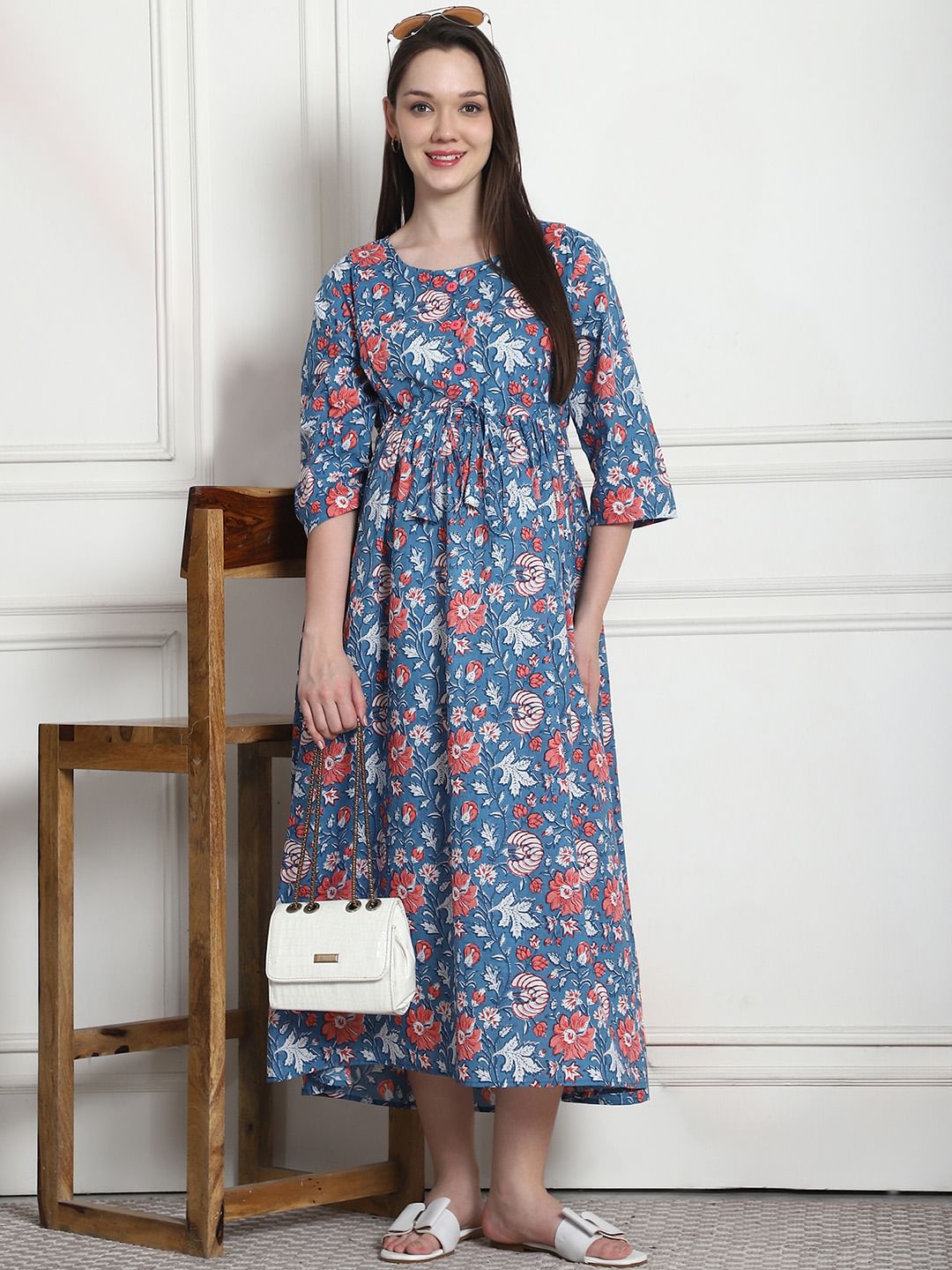 Floral Print Blue Cotton Maternity Nightdress