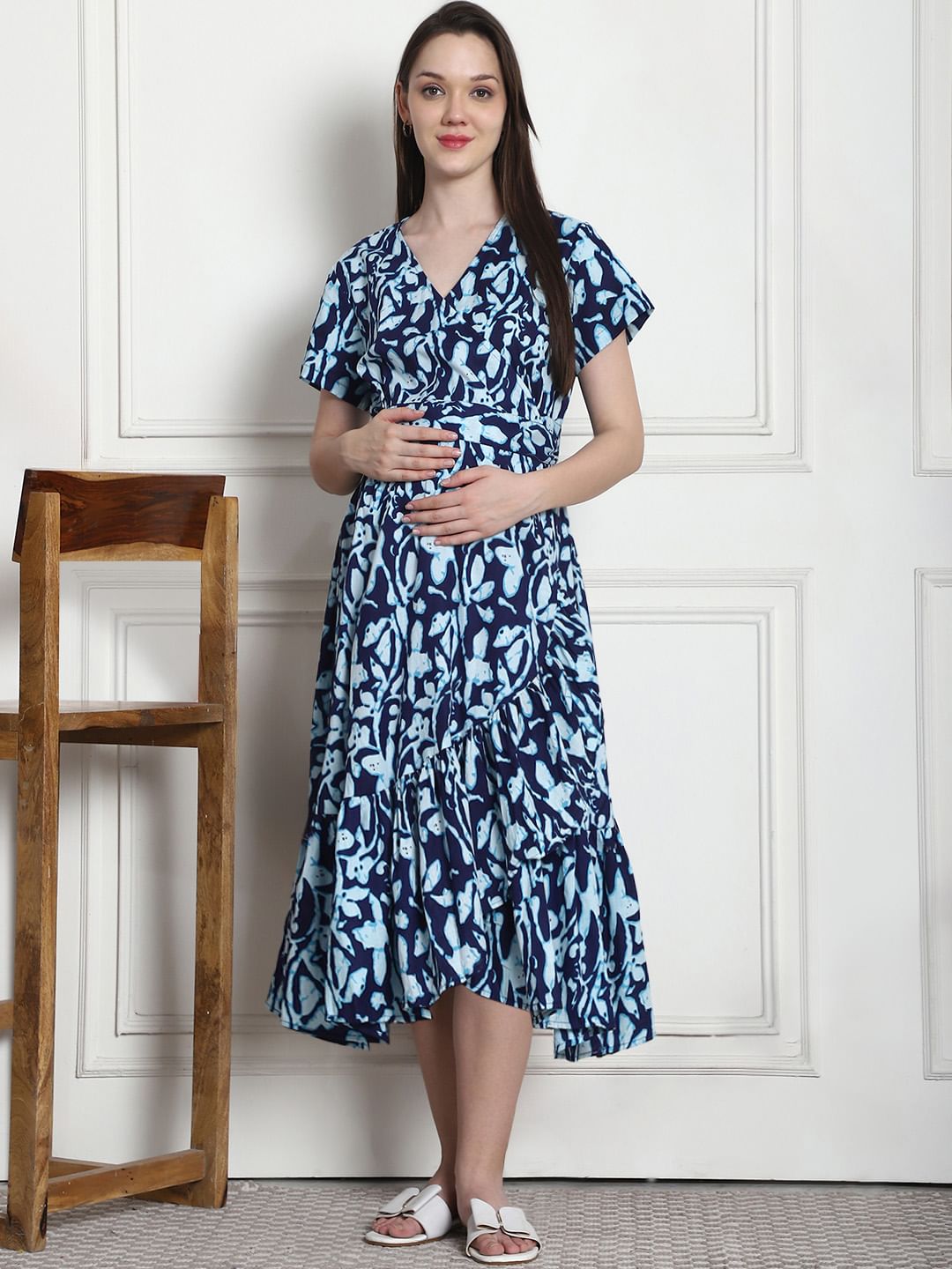 Floral Print Navy Blue Cotton Maternity Wrap Dress