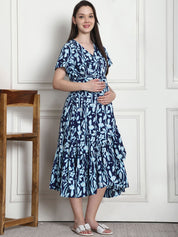Floral Print Navy Blue Cotton Maternity Wrap Dress