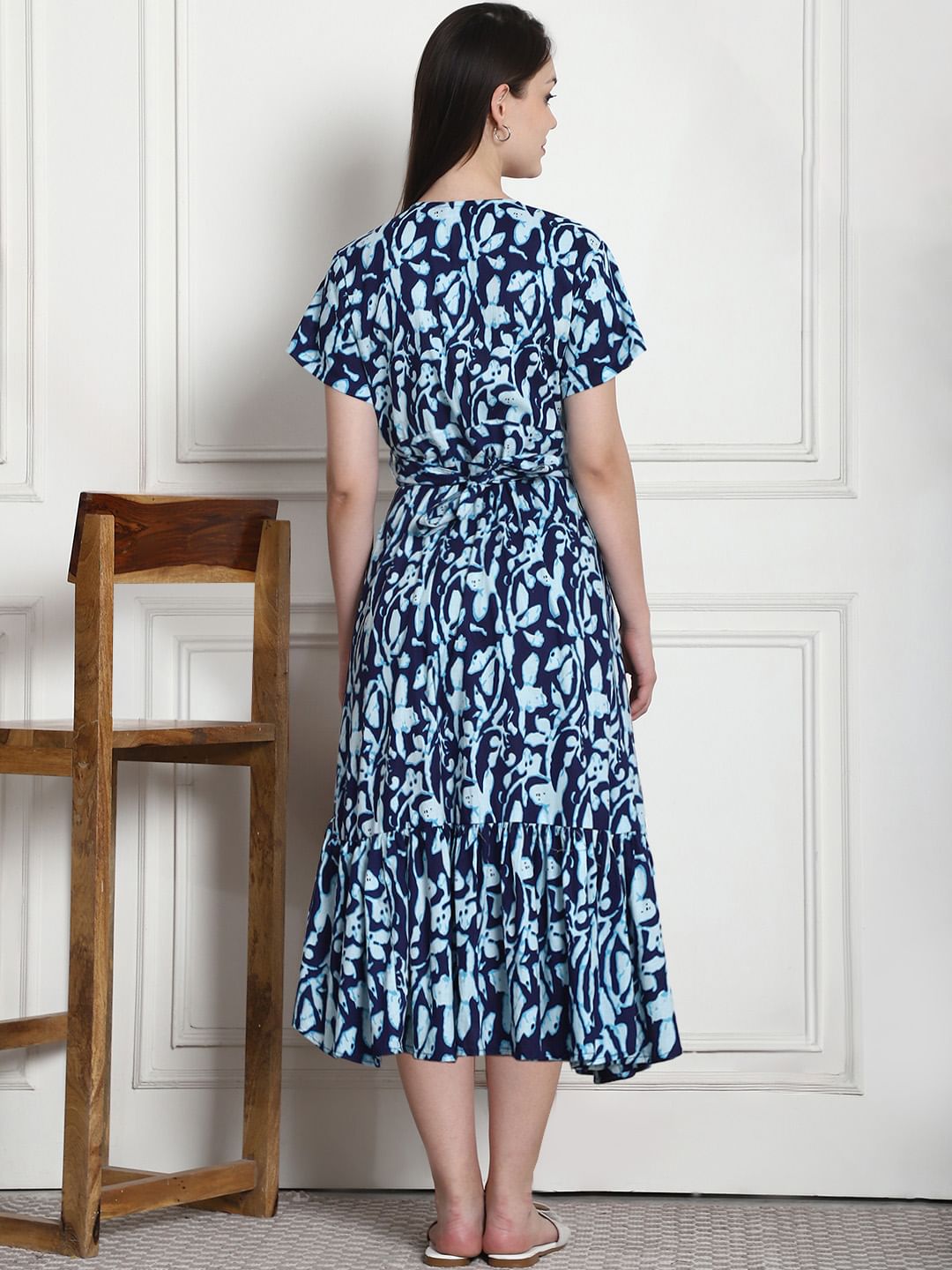 Floral Print Navy Blue Cotton Maternity Wrap Dress