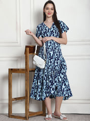 Floral Print Navy Blue Cotton Maternity Wrap Dress