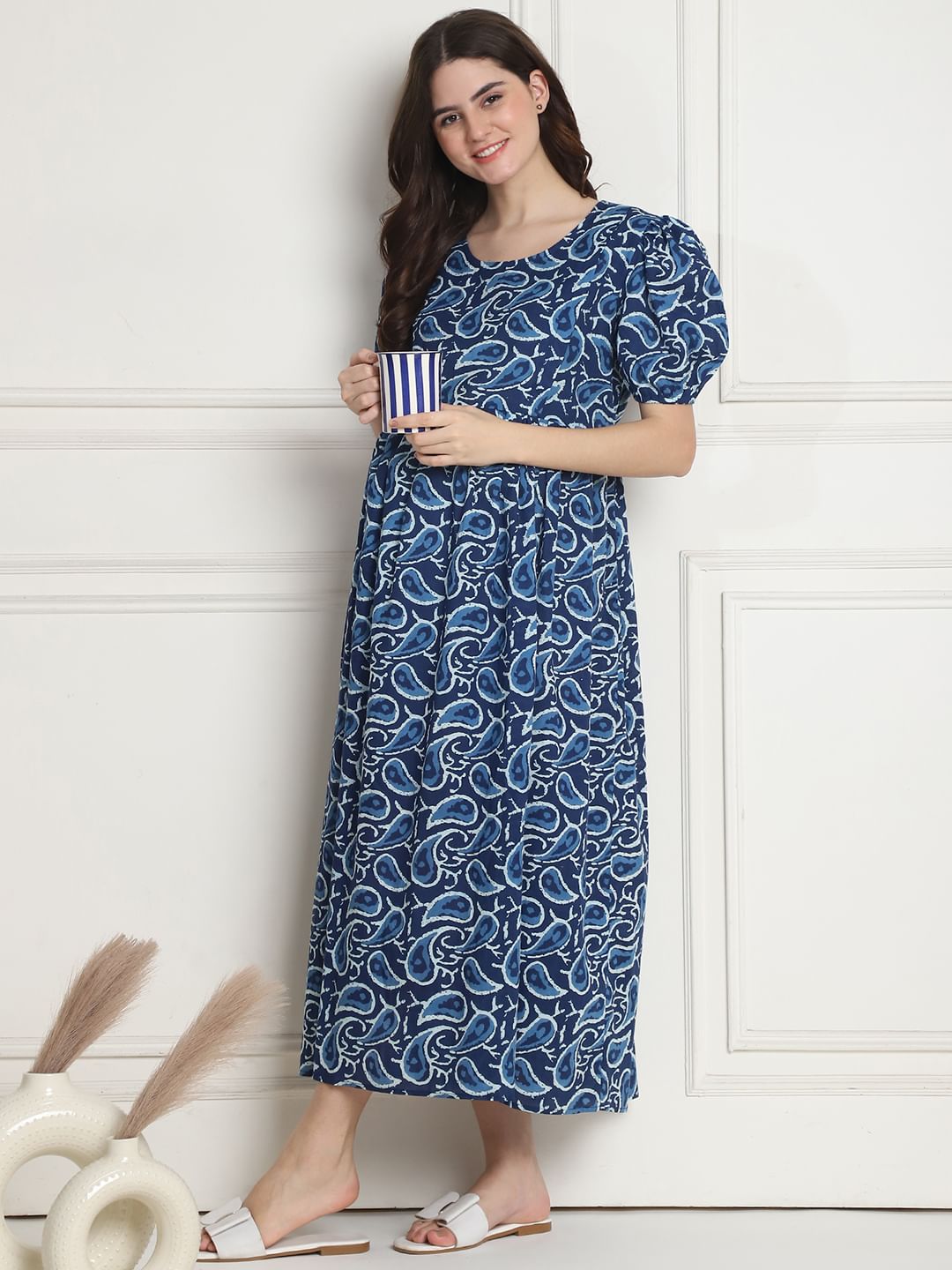 Printed Navy Blue Cotton Maternity Nightdress Calf Length