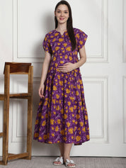 Floral Print Purple Cotton Fit & Flare Maternity Dress