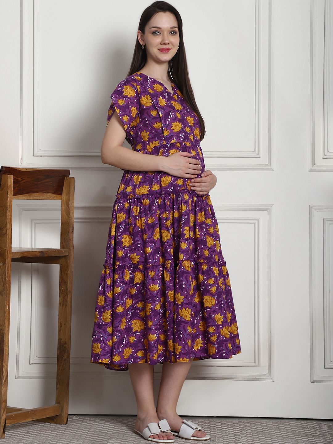 Floral Print Purple Cotton Fit & Flare Maternity Dress