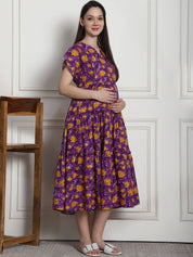 Floral Print Purple Cotton Fit & Flare Maternity Dress